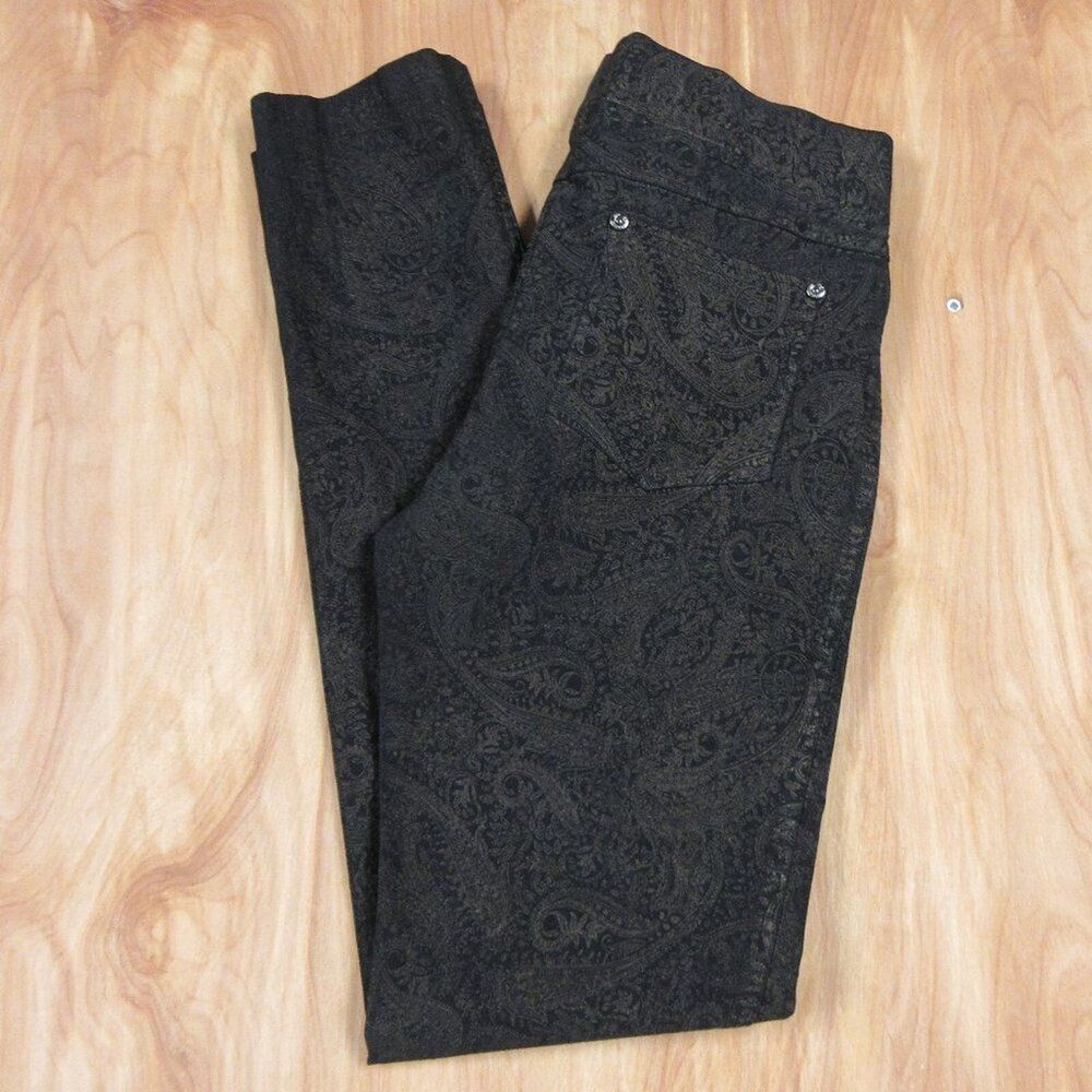 JOSEPH RIBKOFF Black and Gold Paisley Print Pants Waist Size 28 PULL ON Trousers